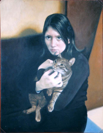 fine art oil portrait painting, girl with cat in interior
